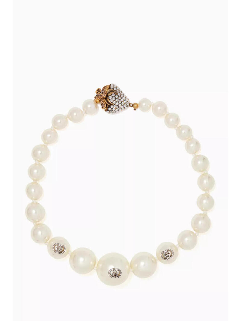 Gucci Pearl GG Logo Necklace with Crystal Strawberry Clasp, New W/Defects, J92 - Picture 2 of 10